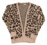 Svetloružová -béžovo-tmavosivý vzorovaný chlpatý svetrový cardigan so srdiečkami Matalan