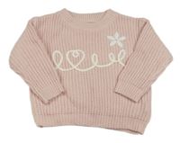 Svetloružový rebrovaný pletený oversize sveter s nápisom a květem SHEIN