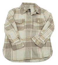 Smetanovo-hnědošedo-světlerůžová kostkovaná vlněná košilová bunda New Look