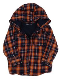 Tmavomodro/oranžová kockovaná podšitá košeľová bunda s kapucňou Next