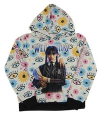 Bílo-barevno-černá mikina s potiskem - Wednesday a kapucí