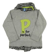 Sivá melírovaná mikina s písmenkom a nápismi a všitou košilí dopodopo