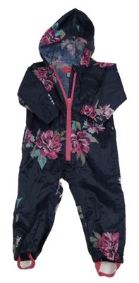 Tmavomodrá šusťáková nepromokavá kombinéza s kytičkami a kapucí joules