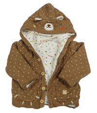 Hnědý vzorovaný pletený propínací podšitý svetr s medvídkem a kapucí tuc tuc