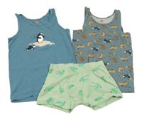 3Set - 2x - Nátělník - Modrý s tučňáčkem a velrybou, modrošedý s pejsky + 1x - světlezelené boxerky s papoušky HEMA