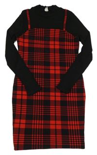 Čierno-červené kockované vzorované šaty so žebrováním SHEIN