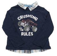 Tmavomodré triko s monster truckem a nápisy a všitou kostkovanou košilí C&A