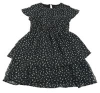 Černé puntíkaté šifonové šaty s kytičkami a volánkem C&A