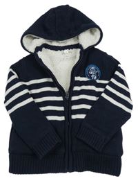 Tmavomodro-biely pruhovaný prepínaci zateplený sveter s nášivkou a kapucňou Vertbaudet
