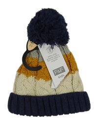 Nové - Tmavomodro-šedo-okrová pletená čepice s bambulí F&F