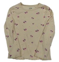 Béžové květované žebrované triko se srdíčky Sinsay