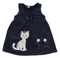 Tmavomodré bodkovaná é zamatové šaty s mačkou a kvetinami