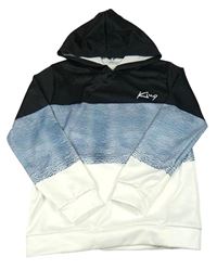 Čierno-modro-biela mikina s nápisom a kapucňou