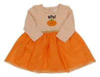 Oranžovo-biele bavlněno/tylové šaty s tekvicou a pruhmi Primark