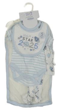 Nové - 5set - Světlemodro-bílé pruhované body + bílý overal s raketemi + slinták + čepice + rukavičky