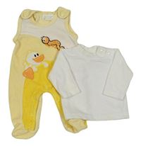 2set - Žluto-bílé sametové dupačky s kachnou a červem + bílé žebrované sametové triko