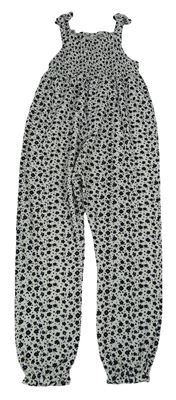 Bielo-čierny kvetovaný ľahký nohavicový overal Primark