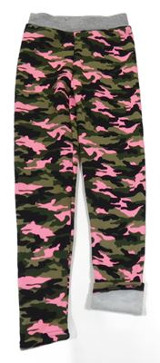 Kaki-čierno-neónově ružové army zateplené legíny