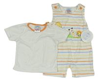 2set- bílo-barevný pruhovaný kraťasový overal se zvířátky+ bílé tričko 