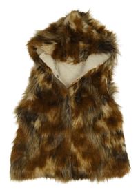 Hnedá vzorovaná kožušinová podšitá vesta s kapucňou Next