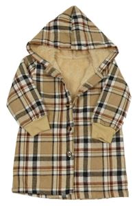 Béžovo-černý kostkovaný zateplený kabátek s kapucňou
