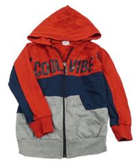 Červeno-modro-sivá prepínaci mikina s nápisom a kapucňou