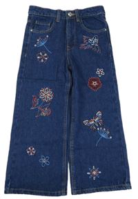 Tmavomodré wide leg rifle s výšivkami květů Denim Co.