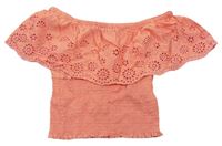 Ružový žabičkový crop top s volánem s madeirou New Look