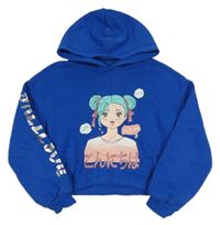 Tmavomodrá crop mikina s dívkou a kapucňou