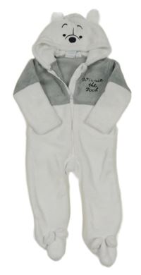 Bielo-sivá plyšová kombinéza s nápisom a kapucí - Mevídek Pú Disney