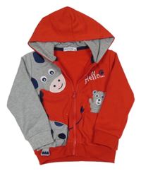 Červeno-sivá prepínaci mikina so zvieratkami a kapucňou