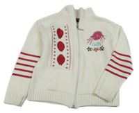 Bílo-růžový propínací svetr s dívkou a květy 