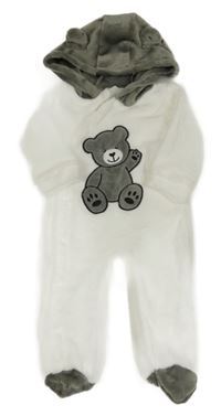 Bielo-sivá plyšová kombinéza s medvěďom a kapucňou