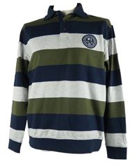 Pánská khaki-tmavomodro-šedá pruhovaná mikina s límcem Bexley´s 