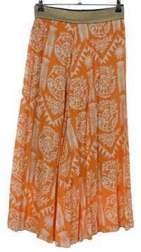 Dámske oranžovo-biele vzorované šifónové plisované culottes nohavice