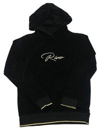 Čierna rebrovaná zamatová mikina s nápisom a kapucňou River Island