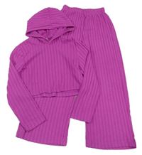 2set- fuchsiové žebrované úpletové crop triko s kapucí+ kalhotami Shein