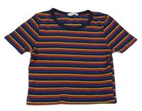 Tmavomodro-červeno-žlté pruhované crop tričko Candy couture