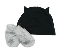 2set- černá bavlněná čepice+ bílé rukavice s obrázky 