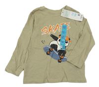 Nové - Khaki tričko s pandou na skateboardu Primark