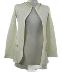 Dámský smetanový svetrový flitrový cardigan se šifonem a řemínkem 