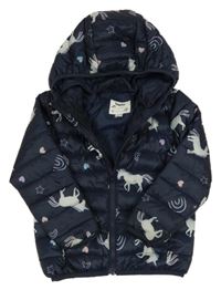 Tmavomodrá šušťáková prešívaná ľahká zateplená bunda s jednorožcami a kapucňou Lupilu