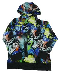 Černo-modro-zelená mikina s graffiti a kapucí Next