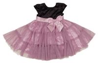 Růžovo-černé sametovo/tylové slavnostní šaty s mašlí a třpytkami 