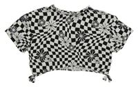 Čierno-biele kockované crop tričko s kvetmi C&A