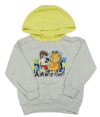 Sivá mikina s Garfieldem a žlutou a kapucňou