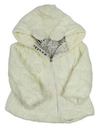 Smotanový chlpatý zateplený kabát s kapucňou