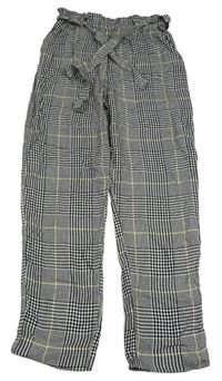 Čierno-bielo-žlté kockované nohavice s opaskom H&M