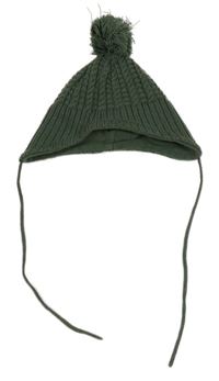 Khaki pletená podšitá ušanka s bambulí Ergee
