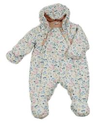 Bílá šusťáková zimní kombinéza s kytičkami a kapucí M&S